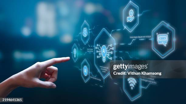 business person touch ai screen for technology and artificial intelligence concept. internet of thinking and data analysis. - interactivity stock pictures, royalty-free photos & images