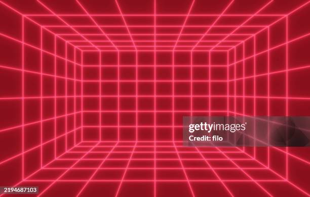 red depth grid box 3d virtual reality space background - retro arcade background stock illustrations