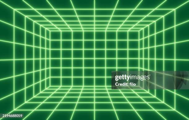 green retro depth grid box 3d virtual reality space background - 1980 background stock illustrations