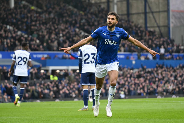 Dominic Calvert-Lewin of Everton celebrates scoring his team's first goal during the Premier League match between Everton FC and Tottenham Hotspur FC...
