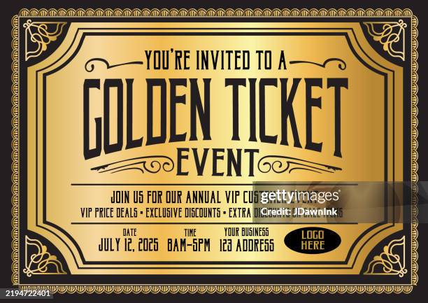 golden ticket einladung poster design vorlage mit dekorativem rand und platzierung text kopieren - ticket stock-grafiken, -clipart, -cartoons und -symbole