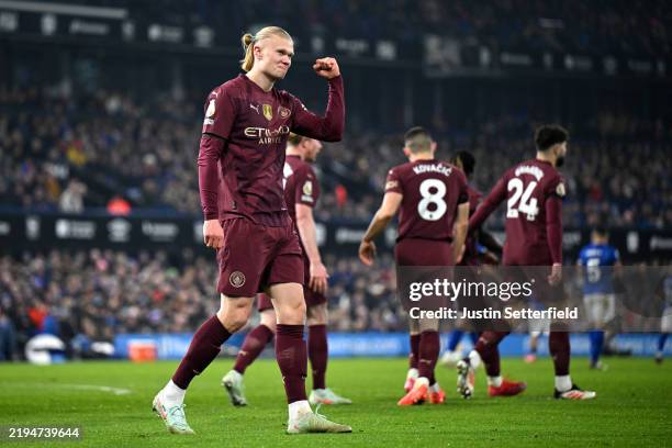 Erling Haaland of Manchester City celebrates scoring his team's fifth goal during the Premier League match between Ipswich Town FC and Manchester...