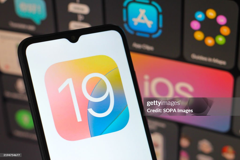 In this photo illustration, the Apple iOS 19 logo is seen displayed ...
