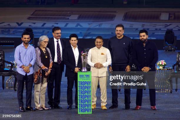 Ajinkya Rahane, Diana Edulji, Dilip Vengsarkar, Sachin Tendulkar, Sunil Gavaskar, Ravi Shastri and Rohit Sharma attend the Mumbai's Wankhede Stadium...