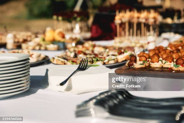 focus on the fork on the napkin next to the catering served on the day of the celebration. - voedingsindustrie stockfoto's en -beelden