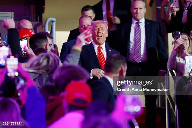 President-Elect Donald Trump walks to the stage at his victory rally at the Capital One Arena on January 19, 2025 in Washington, DC. Trump will be...