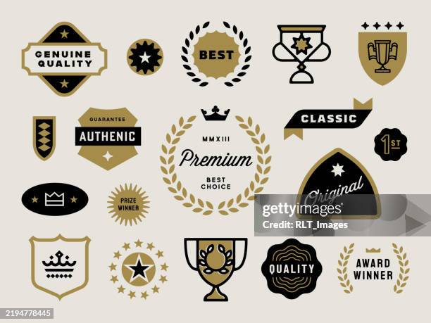 retro midcentury modern quality seal design elements - laurel wreath stock illustrations