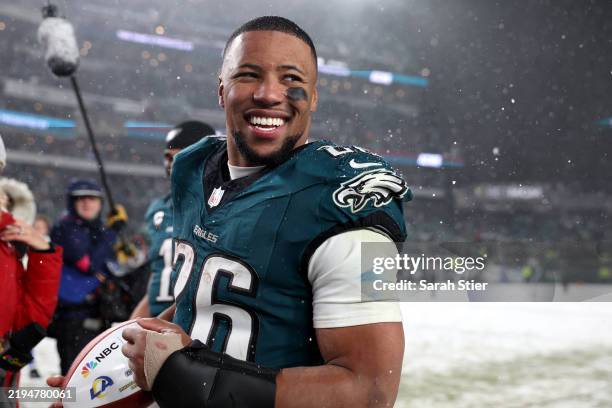 Saquon Barkley of the Philadelphia Eagles reacts after defeating the Los Angeles Rams 28-22 in the NFC Divisional Playoff at Lincoln Financial Field...