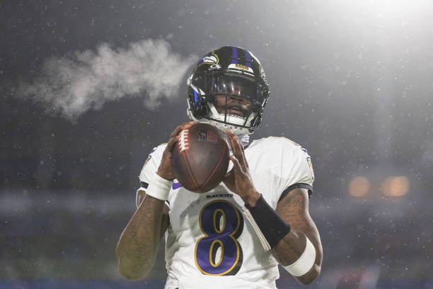 Lamar Jackson of the Baltimore Ravens looks to pass prior to an NFL Football game against the Buffalo Bills at Highmark Stadium on January 19, 2025...