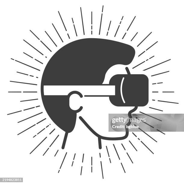 man with vr headset - virtual reality. icon with sunbursts on white background - man vr headset stock illustrations