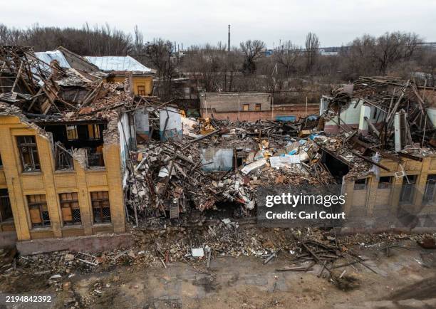 Building lies in ruins after being hit by a Russian attack, on January 23, 2025 in Kostyantynivka, Ukraine. Ukraine faces a pivotal moment in its war...