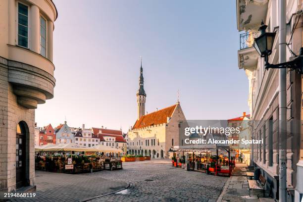 town hall square and town hall tower on a sunny summer morning, tallinn, estonia - tallin fotografías e imágenes de stock