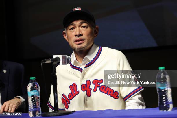 Ichiro Suzuki speaks to the media after being elected into the National Baseball Hall of Fame Class of 2025 on January 23, 2025 in Cooperstown, New...