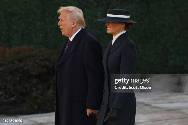 Melania Trump and U.S. President-elect Donald Trump leave after services at St. John's Church as part of Inauguration ceremonies on January 20, 2025...