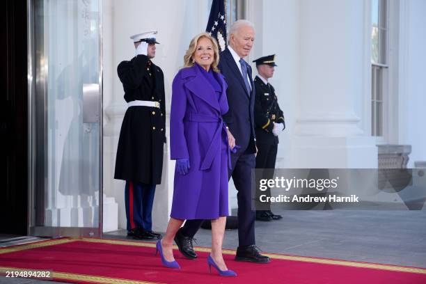 First lady Jill Biden and U.S. President Joe Biden wait the arrival of U.S. President-elect Donald Trump for Inauguration ceremonies at the White...