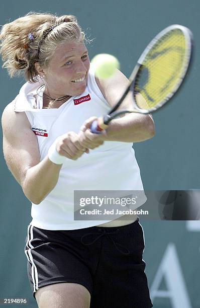 Marie-Gaianeh Mikaelian of Switzerland returns a shot against Meghann Shaughnessy of the USA during the Bank of the West Classic at Stanford...