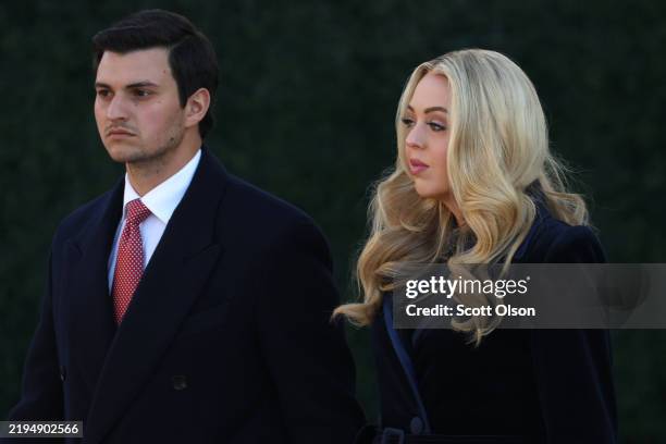 Tiffany Trump, daughter of U.S. President Donald Trump, and her husband Michael Boulos arrive for church services at St. John's Church on January 20,...