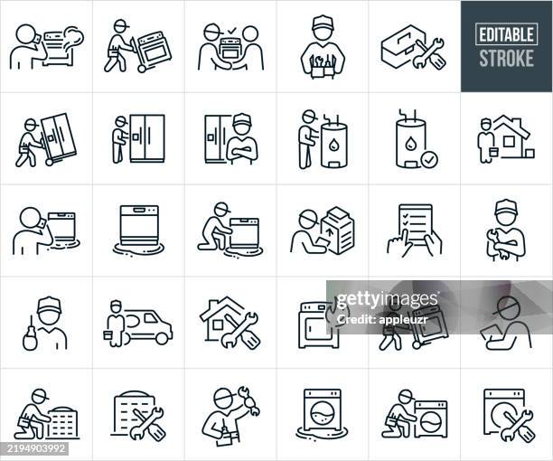 home appliance installation and repair thin line icons - editable stroke - icons include appliance repairman, technician, fixing, repair, home appliances, stove, refrigerator, air conditioner, dishwasher, washing machine, customer, professional occupation - broken air conditioner stock illustrations