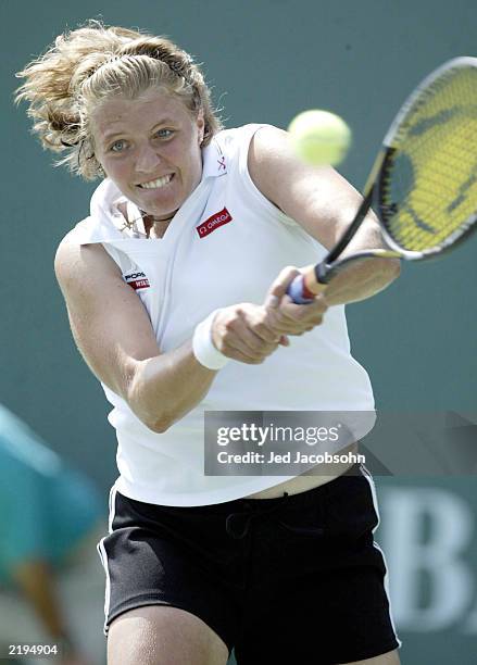 Marie-Gaianeh Mikaelian of Switzerland returns a shot against Meghann Shaughnessy of the USA during the Bank of the West Classic at Stanford...
