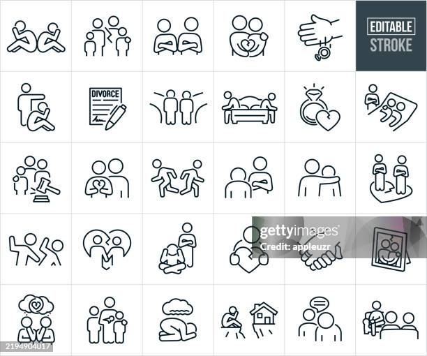 illustrazioni stock, clip art, cartoni animati e icone di tendenza di icone di divorzio e difficoltà di relazione - tratto modificabile - le icone includono marito, moglie, coppie, partner, relazioni, litigi, tradimento, infedeltà, custodia dei figli, separazione, disamore, tristezza, angoscia - cuore spezzato