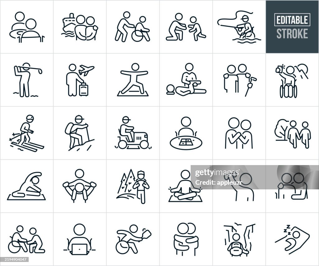 Seniors actifs Thin Line Icons - Trait modifiable - Les icônes incluent les personnes âgées engagées dans des activités récréatives, Voyages, Couples de personnes âgées, Vacances, Golf, Yoga, Randonnée, Ski, Personnes âgées, Grand-père, Petit-