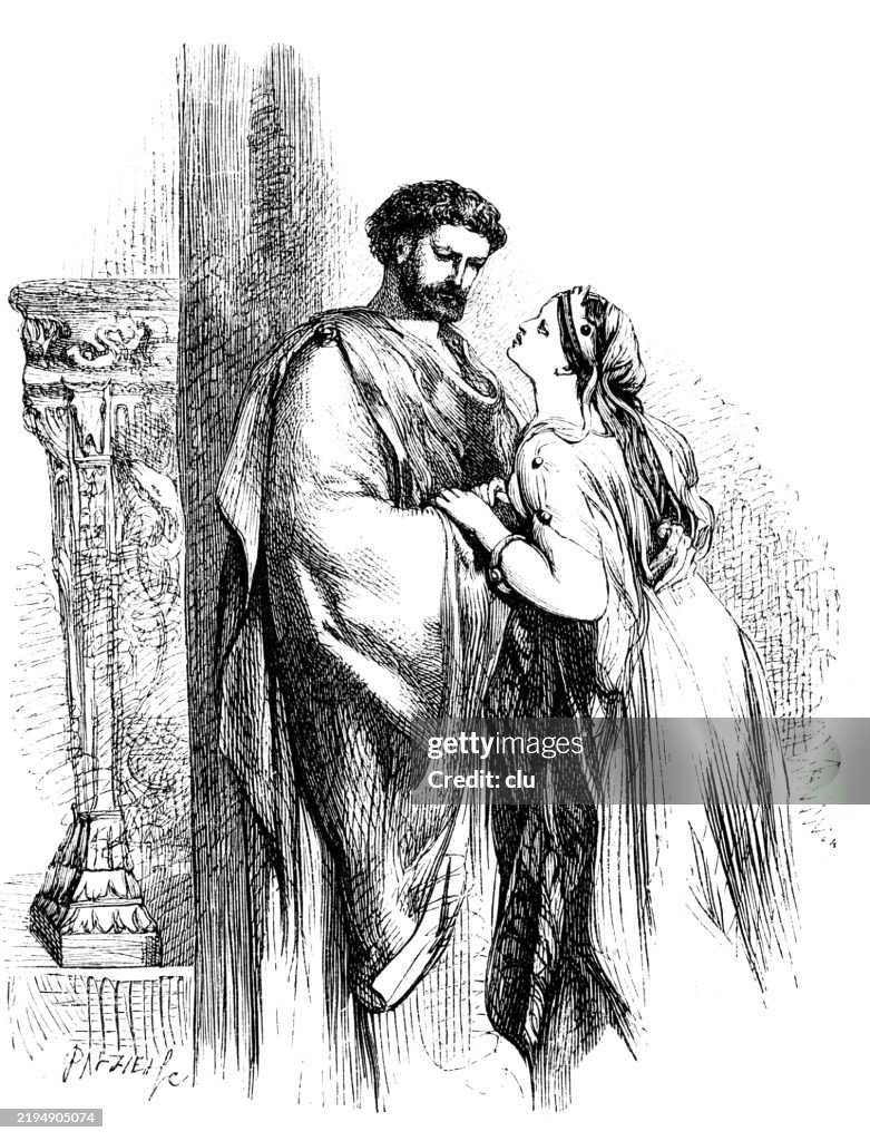Play of William Shakespeare, Marcus Antonius and Cleopatra standing at a pillar talking