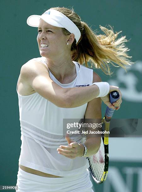 Meghann Shaughnessy of the USA returns a shot against Marie-Gaianeh Mikaelian of Switzerland during the Bank of the West Classic at Stanford...
