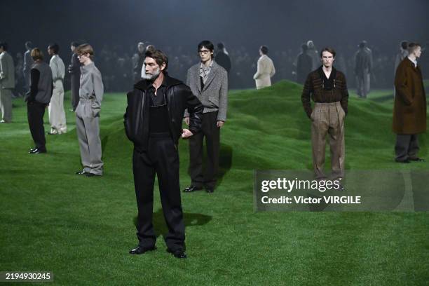 Model walks the runway during the Ermenegildo Zegna Ready to Wear Fall/Winter 2025-2026 show as part of the Milan Men Fashion Week on January 20,...
