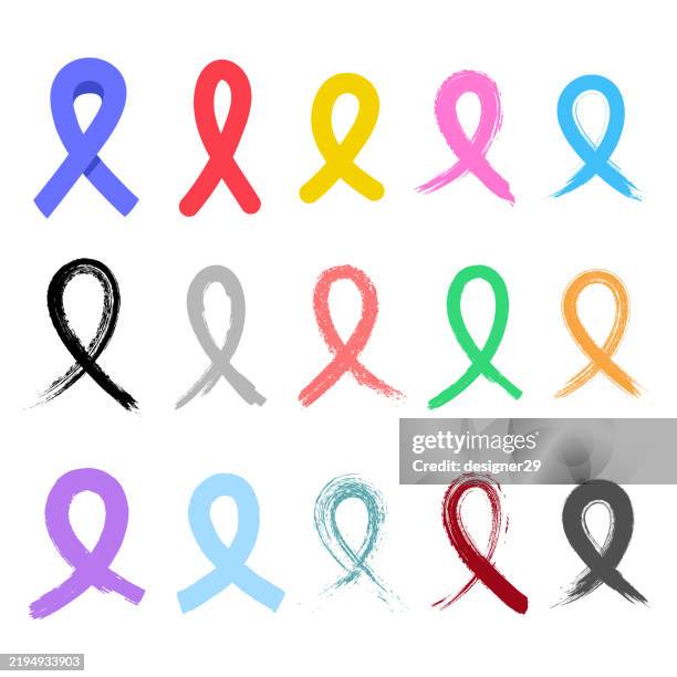 multi colored ribbons vector set - world cancer day stock illustrations