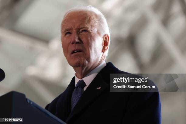 Former U.S. President Joe Biden speaks at Joint Base Andrews following inauguration ceremonies on January 20, 2025 in Joint Base Andrews, Maryland....