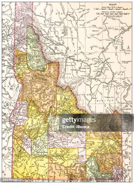 ilustraciones, imágenes clip art, dibujos animados e iconos de stock de mapa antiguo de idaho (1898) - idaho