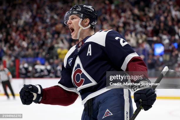 Nathan MacKinnon of the Colorado Avalanche celebrates scoring a goal against the Minnesota Wild in the second period at Ball Arena on January 20,...