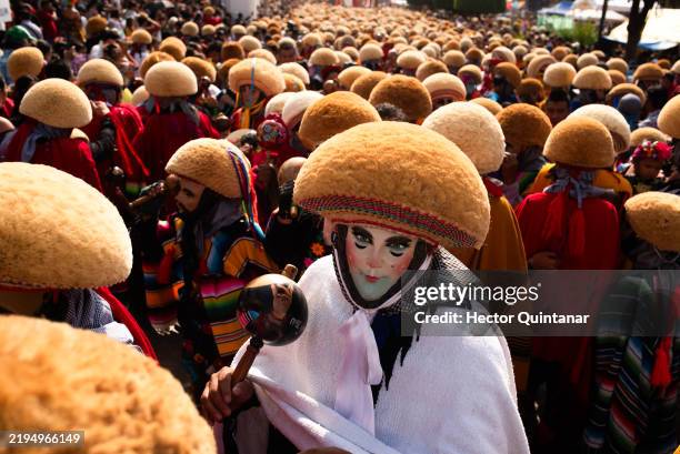 Parachicos dancers perform on the main streets during the "Saint Sebastian" celebration on January 20, 2025 in Chiapa de Corzo, Mexico. Also known as...