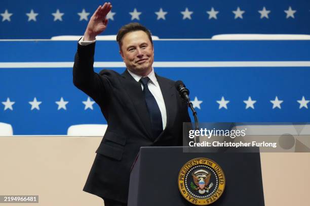 Tesla, SpaceX and X CEO Elon Musk gestures while speaking during an inauguration event at Capital One Arena on January 20, 2025 in Washington, DC....