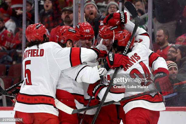 Jordan Staal of the Carolina Hurricanes celebrates a goal against the Chicago Blackhawks during the third period at the United Center on January 20,...