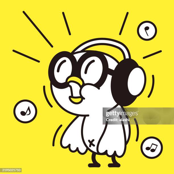 stockillustraties, clipart, cartoons en iconen met a cute bird, wearing large glasses and headphones, standing, swaying to the beat. minimalist style, drawn in a black outline and flat colors - muziekstreamingdienst