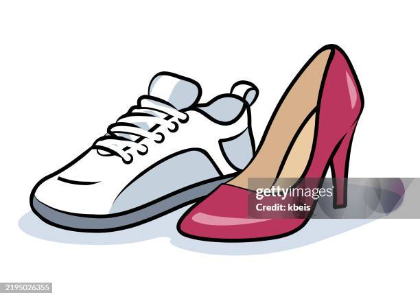 illustrazioni stock, clip art, cartoni animati e icone di tendenza di tacchi alti e sneakers - scarpe