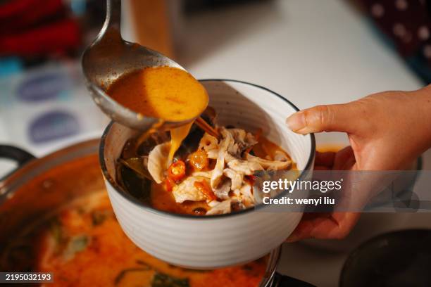 serving homemade tom yum soup - thailändische küche stock-fotos und bilder