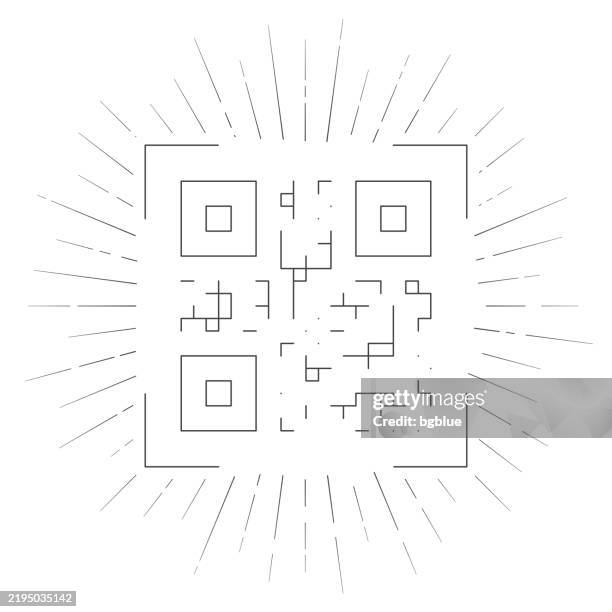 ilustraciones, imágenes clip art, dibujos animados e iconos de stock de escaneo de código qr. icono de línea con rayos de sol sobre fondo blanco - qr-code-scan-icon
