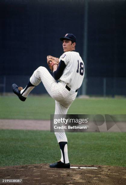 American baseball pitcher Dick Woodson, of the Minnesota Twins, pictured on the mound during training in Minneapolis, Minnesota, September 1969.
