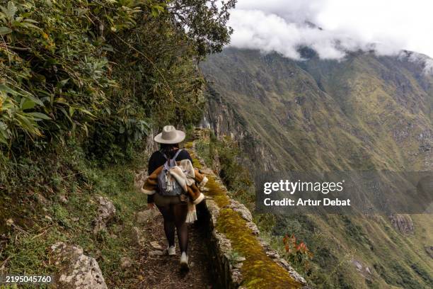 woman walking on the ancient inca trail above the machu picchu mountains in south america - los andes fotografías e imágenes de stock