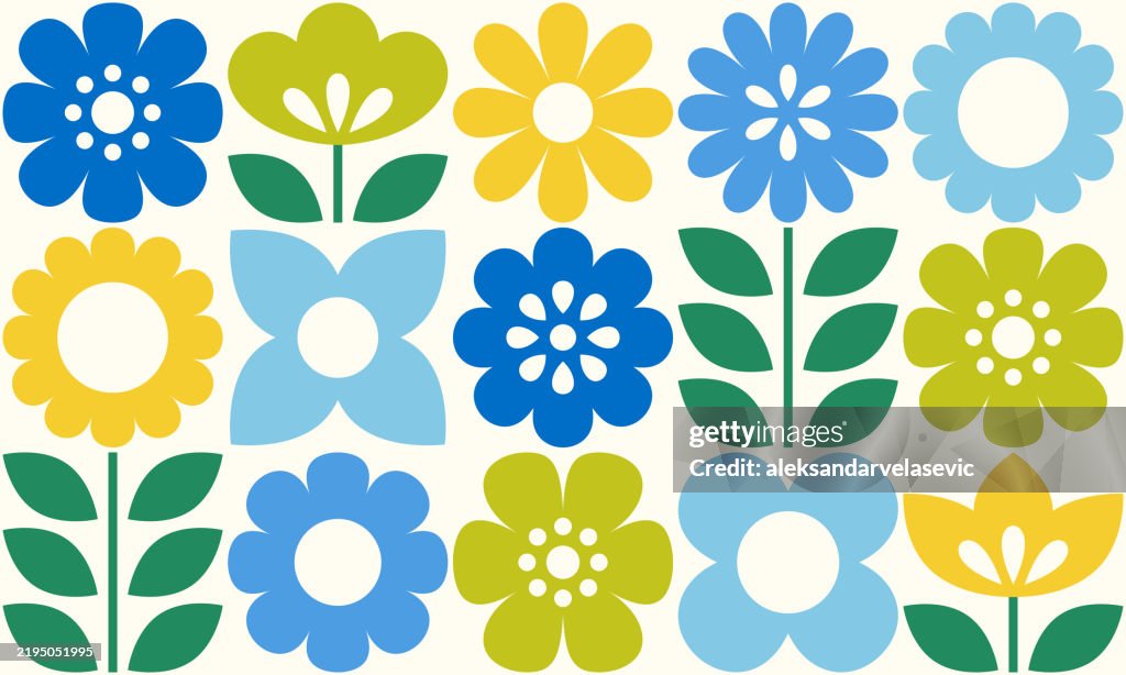 Graphic Flowers and Leaves Icons Seamless Pattern
