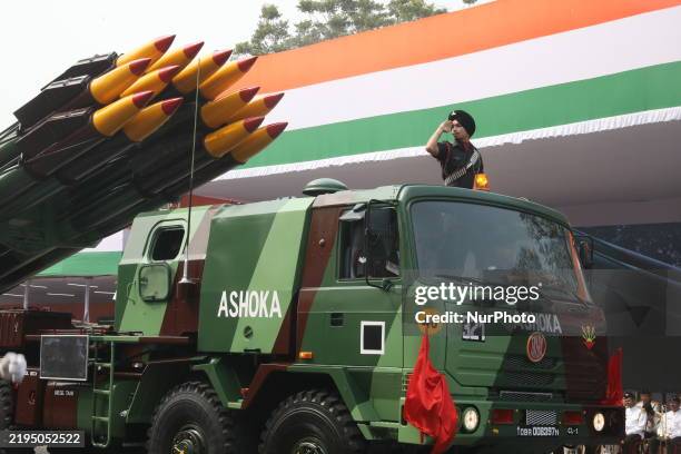 The Indian Army's Pinaka multi-barrel rocket launcher systems are displayed during the full dress rehearsal for the upcoming Republic Day parade in...