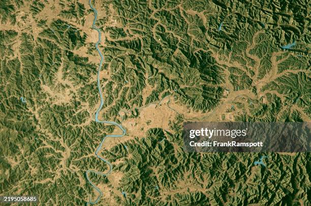 daegu satellite topographic map 3d render true color - topographic map stock pictures, royalty-free photos & images