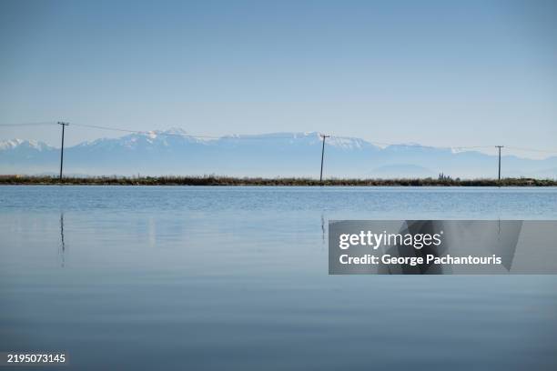 calm sea and sky on a sunny day with mountains and electricity pylons - western greece stock pictures, royalty-free photos & images