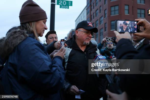 Stewart Rhodes speaks with press after being released last night after spending the past 3 years in Cumberland, Maryland at the Federal Correctional...
