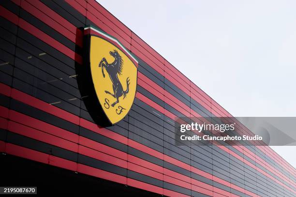 Ferrari logo is seen outside the Ferrari headquarters in Maranello during Lewis Hamilton's first official days as a Scuderia Ferrari F1 driver at...
