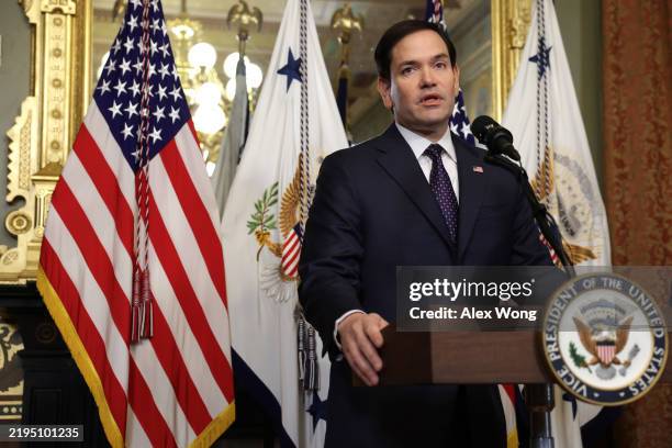 Newly confirmed U.S. Secretary of State Marco Rubio speaks during a swearing-in ceremony at the Vice President’s ceremonial office at Eisenhower...