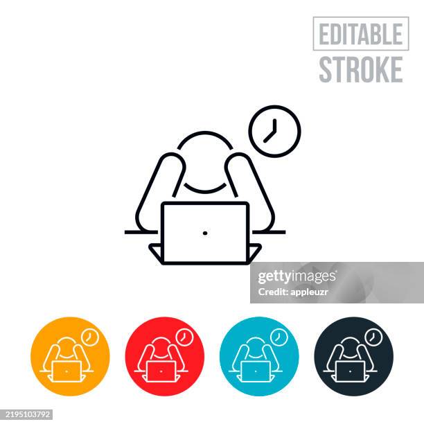 person working overtime overwhelmed at work thin line icon - editable stroke - night-shift-icon stock illustrations