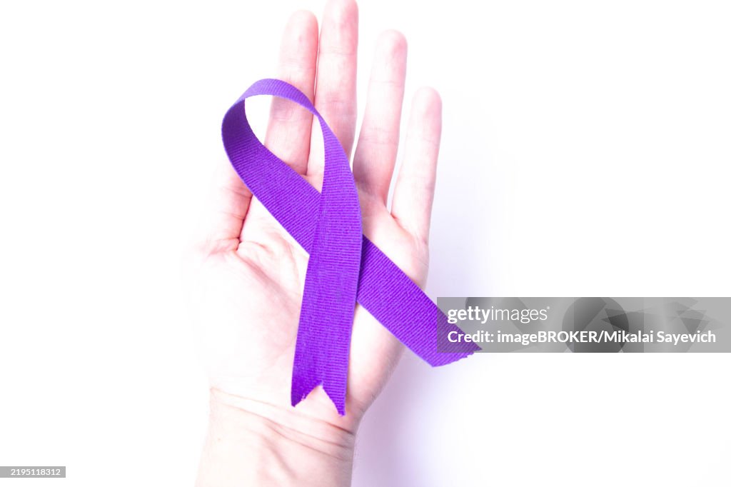 Purple ribbon symbol of awareness Pancreatic cancer, Alzheimer's disease, Epilepsy, Lupus, World Cancer Day